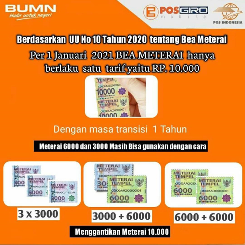 Bea Materai Rp. 10.000 Digunakan Pada Tahun 2021 Ini